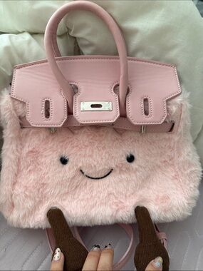Pink Plush Crossbody Bag with Smiley Face
